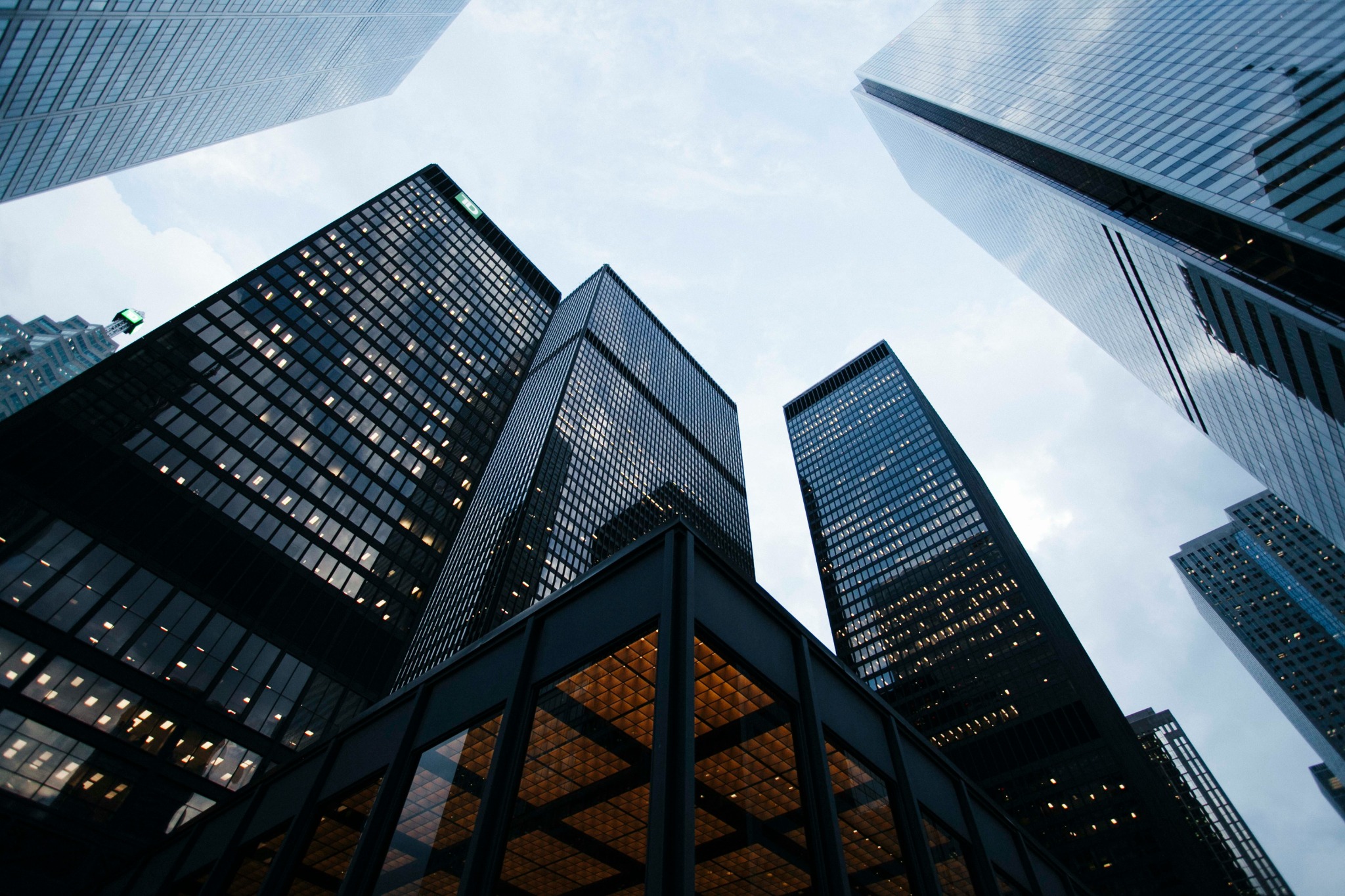 Corporate towers viewed from street level
