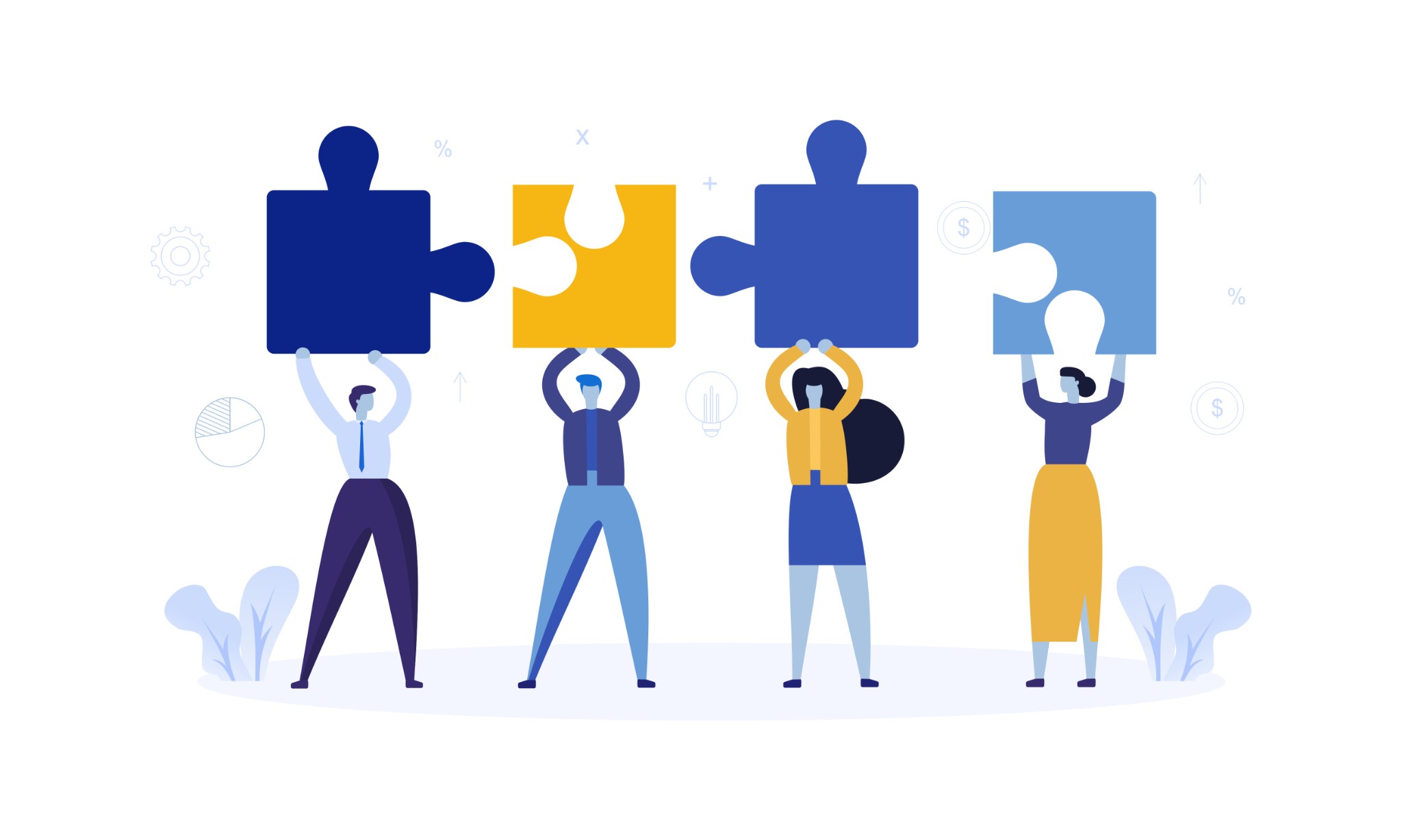A diverse team holding complementary puzzle pieces to form a unified solution