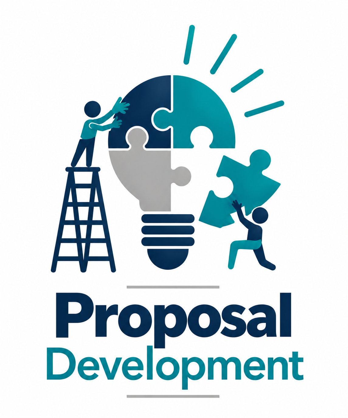 Proposal development illustration showing two people assembling a lightbulb from puzzle pieces